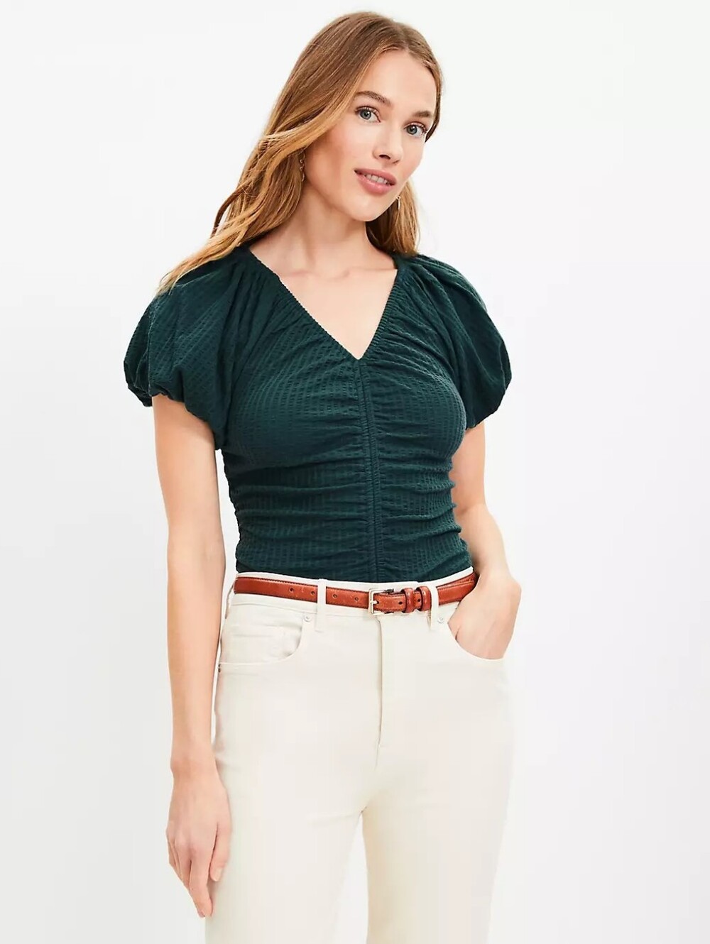 LOFT Seersucker Cinched Bubble Sleeve Top - Forrest Green